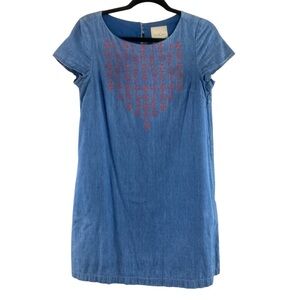 ModCloth Women’s Denim Short Sleeve Embroidered Chest Fully Lined Mini Dress Sm